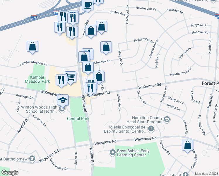 map of restaurants, bars, coffee shops, grocery stores, and more near 1077 West Kemper Road in Cincinnati