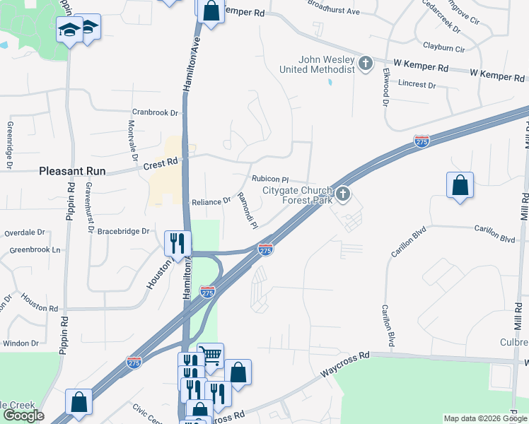 map of restaurants, bars, coffee shops, grocery stores, and more near 11431 Raphael Place in Cincinnati