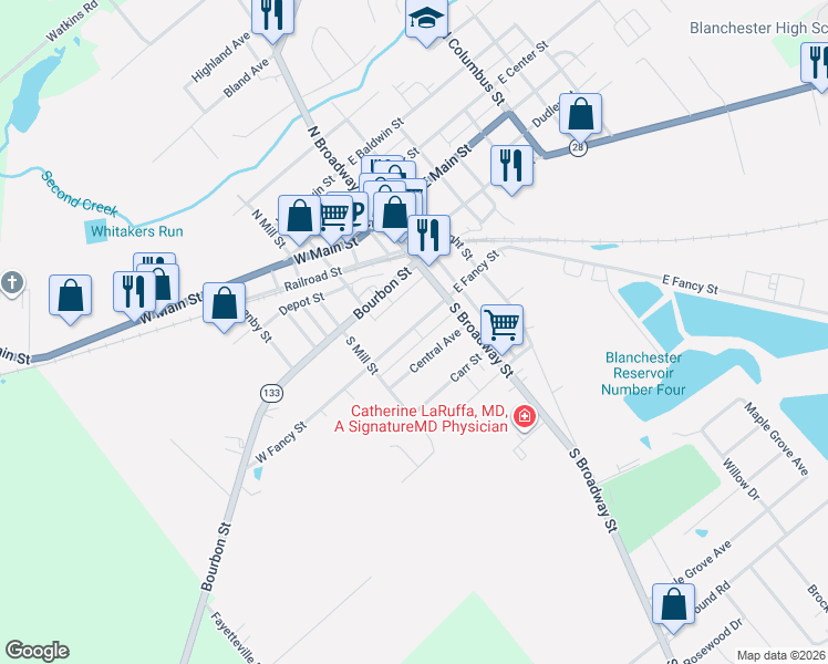 map of restaurants, bars, coffee shops, grocery stores, and more near 120 Central Avenue in Blanchester