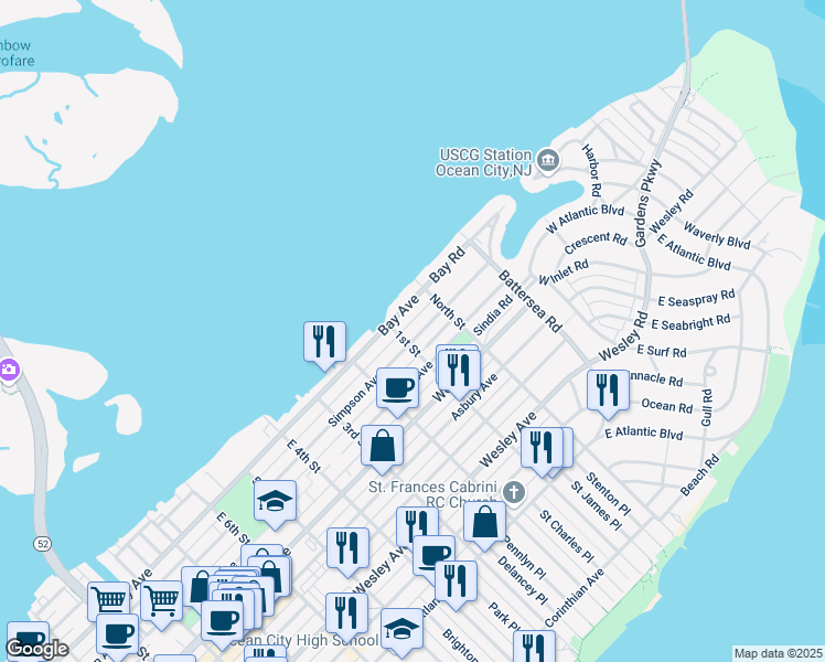 map of restaurants, bars, coffee shops, grocery stores, and more near 8 1st Street in Ocean City
