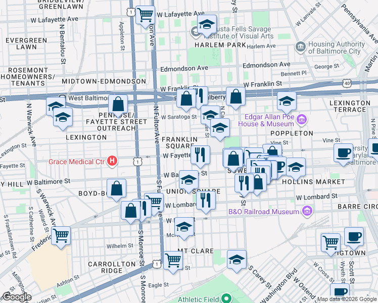 map of restaurants, bars, coffee shops, grocery stores, and more near 1600 West Fayette Street in Baltimore