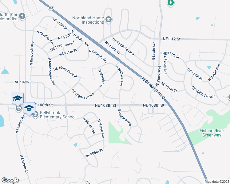 map of restaurants, bars, coffee shops, grocery stores, and more near 8425 Northeast 109th Court in Kansas City