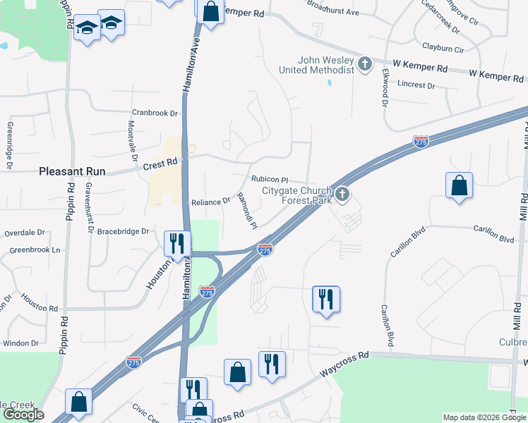 map of restaurants, bars, coffee shops, grocery stores, and more near 11431 Raphael Place in Cincinnati