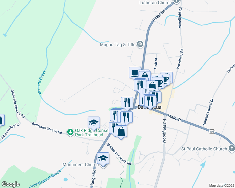 map of restaurants, bars, coffee shops, grocery stores, and more near 26422 Sir Jamie Terrace in Damascus