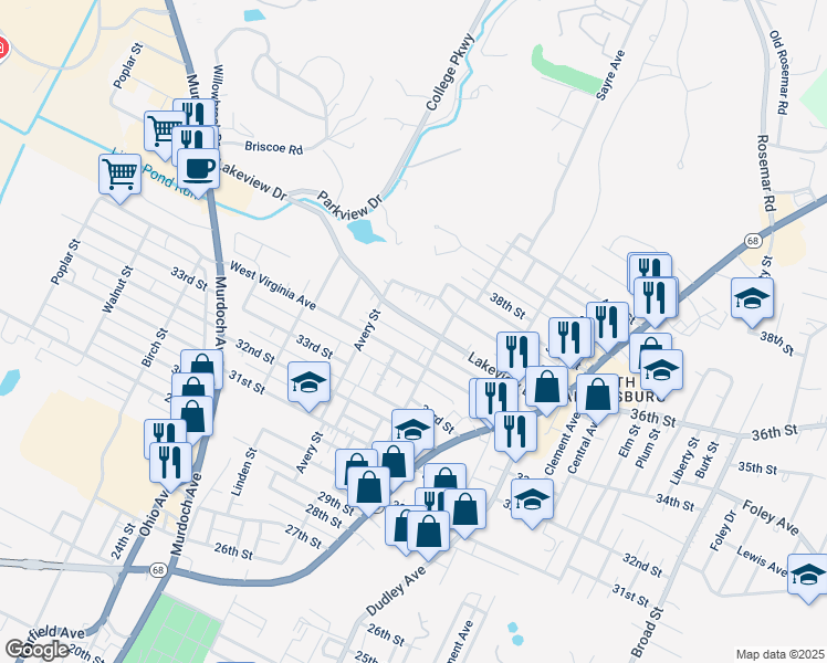 map of restaurants, bars, coffee shops, grocery stores, and more near 1053 West Virginia Avenue in Parkersburg