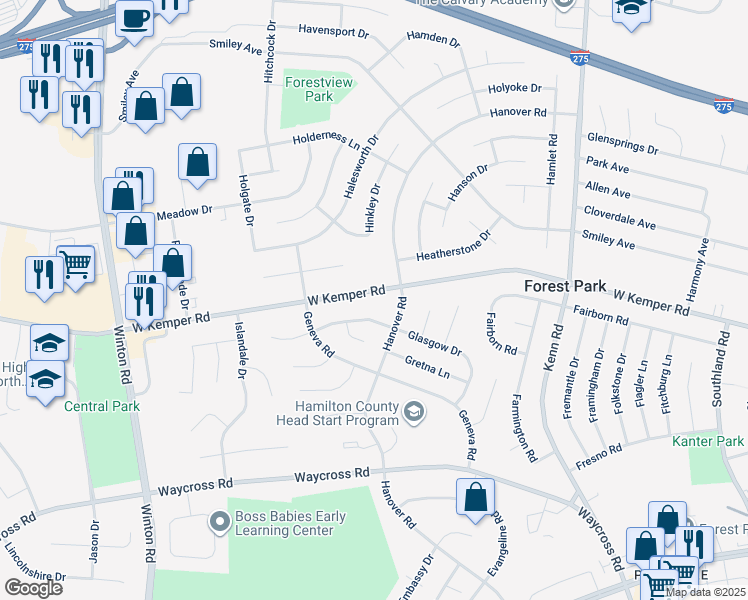 map of restaurants, bars, coffee shops, grocery stores, and more near 940 Glasgow Drive in Cincinnati