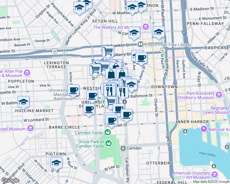 map of restaurants, bars, coffee shops, grocery stores, and more near 11 North Eutaw Street in Baltimore