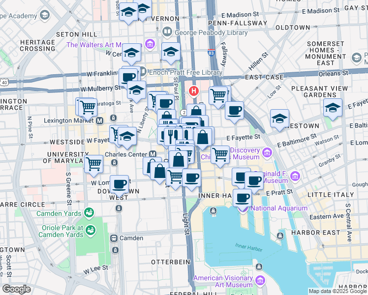 map of restaurants, bars, coffee shops, grocery stores, and more near 7 Saint Paul Street in Baltimore