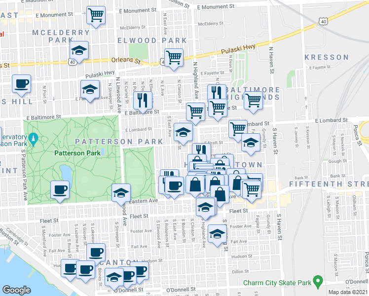 map of restaurants, bars, coffee shops, grocery stores, and more near 3223 East Pratt Street in Baltimore