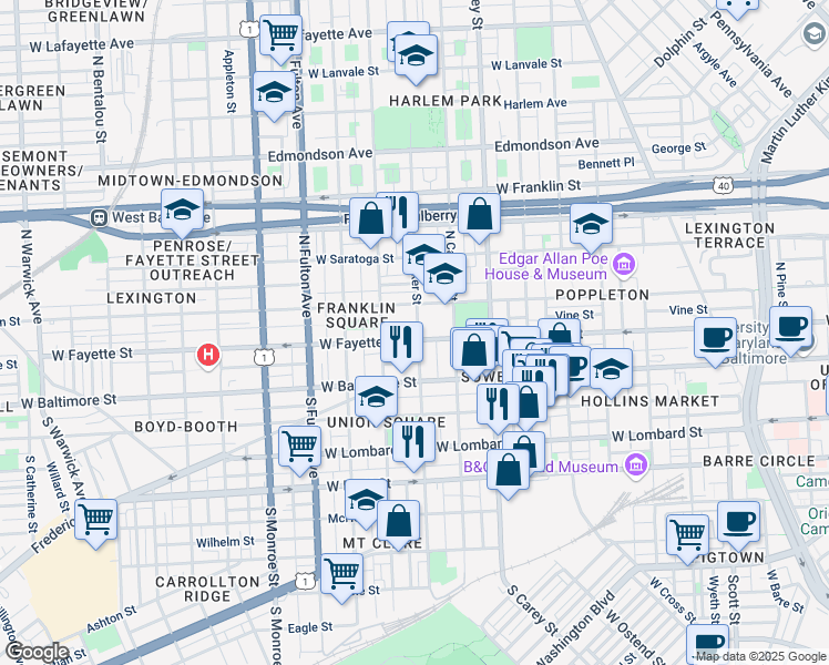 map of restaurants, bars, coffee shops, grocery stores, and more near 1500 West Fayette Street in Baltimore