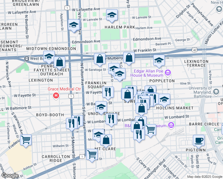 map of restaurants, bars, coffee shops, grocery stores, and more near 1500 West Fayette Street in Baltimore