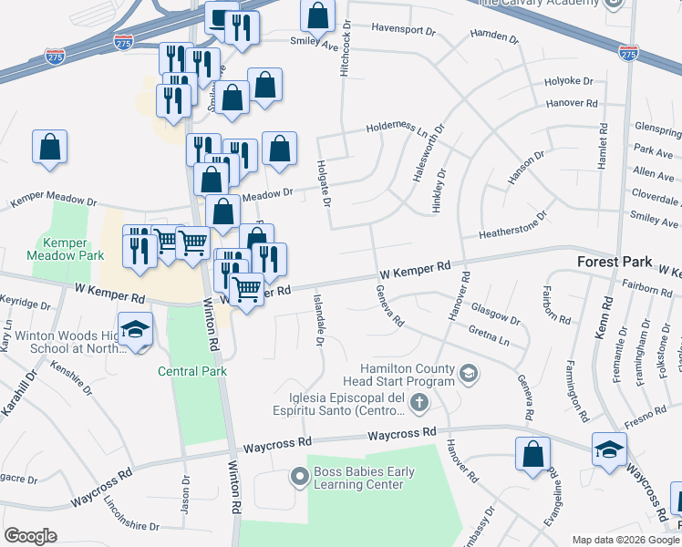 map of restaurants, bars, coffee shops, grocery stores, and more near 1041 West Kemper Road in Cincinnati