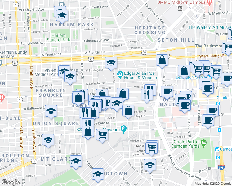 map of restaurants, bars, coffee shops, grocery stores, and more near 101 North Schroeder Street in Baltimore