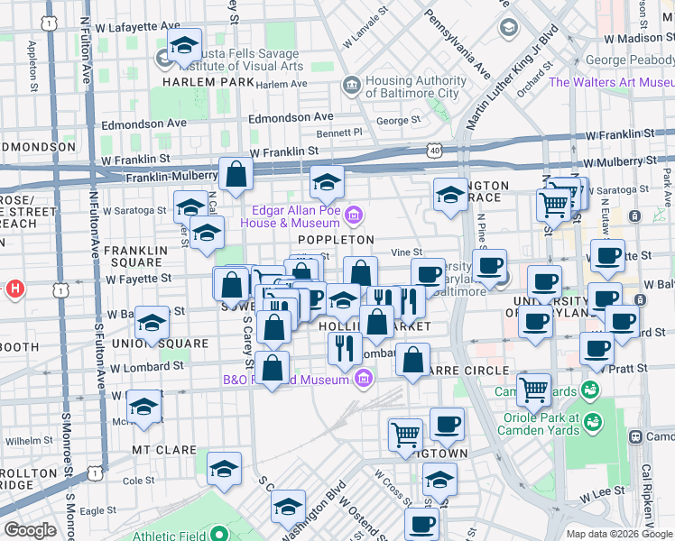 map of restaurants, bars, coffee shops, grocery stores, and more near W Fayette St & N Schroeder St in Baltimore