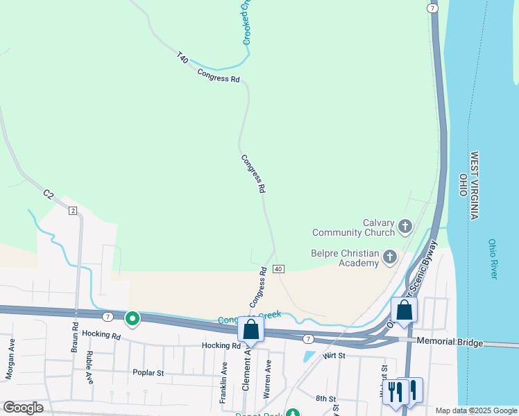 map of restaurants, bars, coffee shops, grocery stores, and more near 472 Congress Road in Belpre
