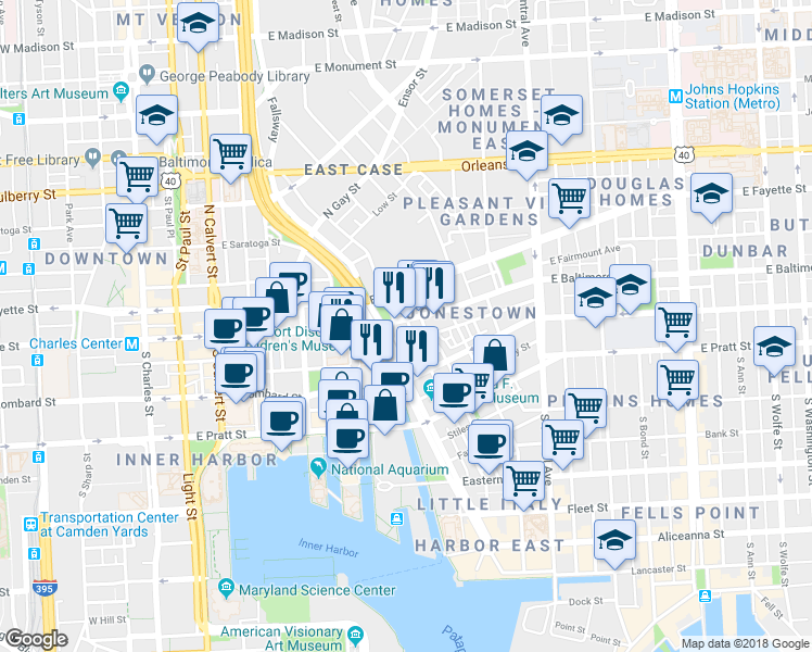 map of restaurants, bars, coffee shops, grocery stores, and more near 811 E Baltimore St in Baltimore