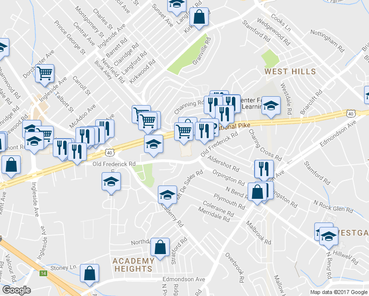 map of restaurants, bars, coffee shops, grocery stores, and more near 5457 Baltimore National Pike in Baltimore