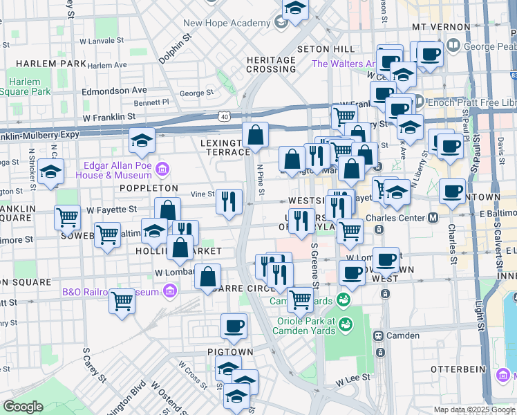 map of restaurants, bars, coffee shops, grocery stores, and more near 20 North Pine Street in Baltimore