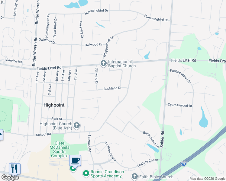 map of restaurants, bars, coffee shops, grocery stores, and more near 8063 Buckland Drive in Cincinnati
