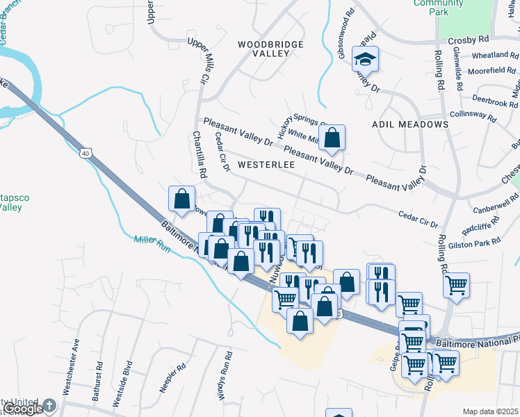 map of restaurants, bars, coffee shops, grocery stores, and more near 2113 Chantilla Road in Catonsville