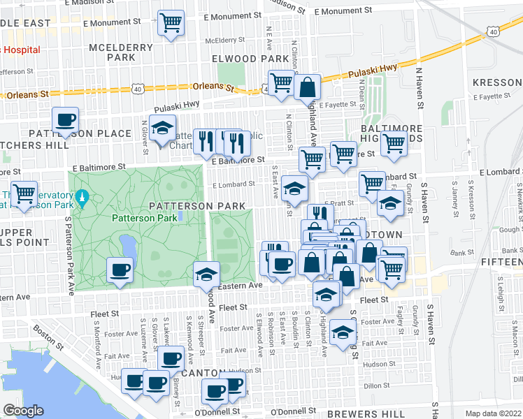 map of restaurants, bars, coffee shops, grocery stores, and more near 200 South Robinson Street in Baltimore