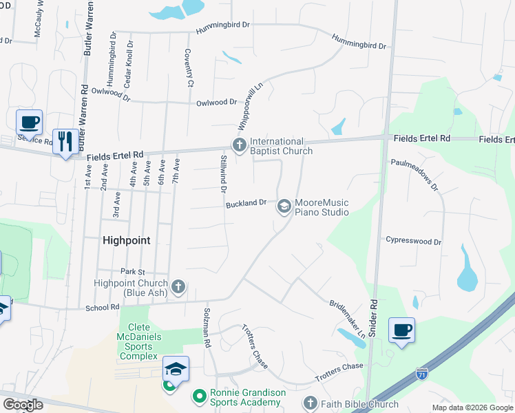 map of restaurants, bars, coffee shops, grocery stores, and more near 8063 Buckland Drive in Cincinnati