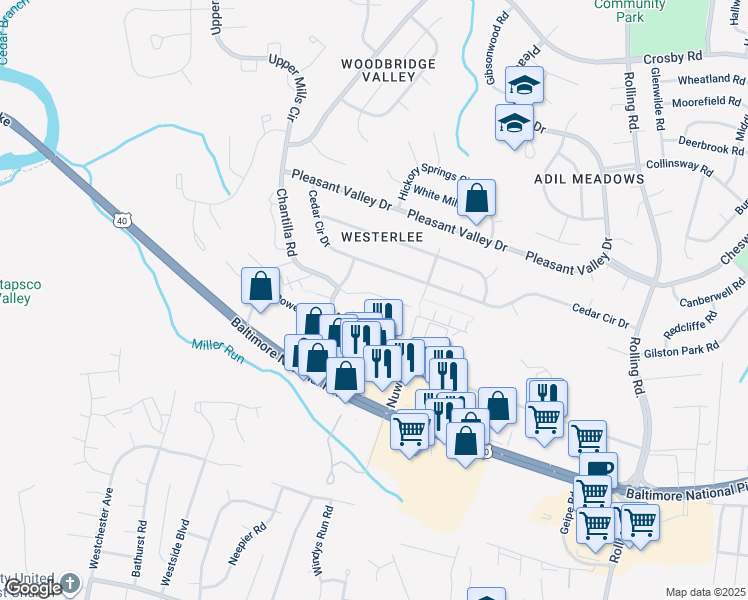 map of restaurants, bars, coffee shops, grocery stores, and more near 2113 Chantilla Road in Catonsville
