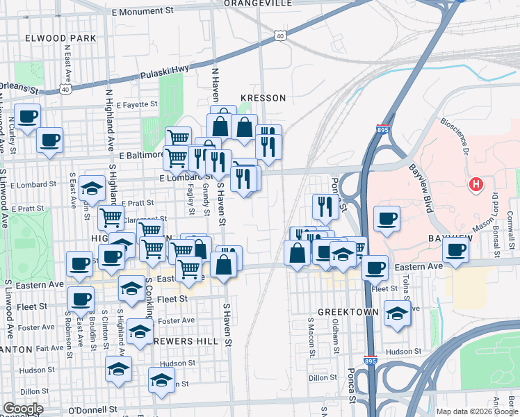 map of restaurants, bars, coffee shops, grocery stores, and more near 240 South Kresson Street in Baltimore