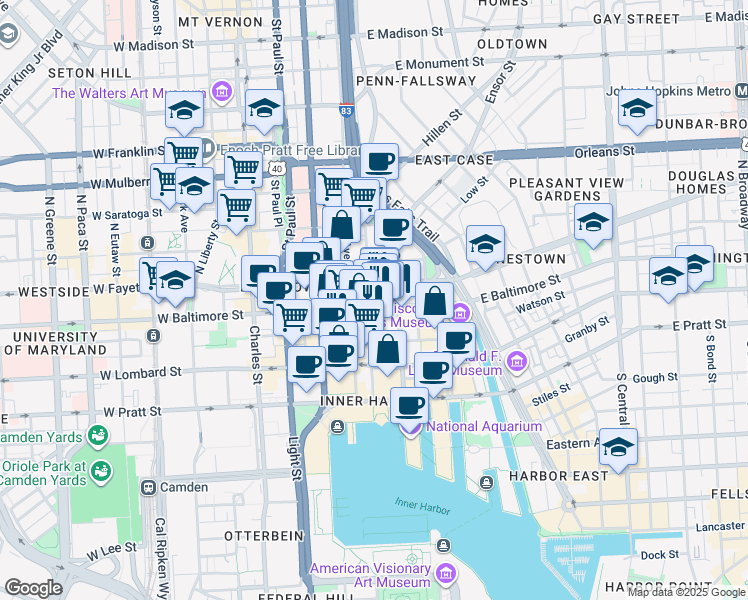 map of restaurants, bars, coffee shops, grocery stores, and more near in Baltimore