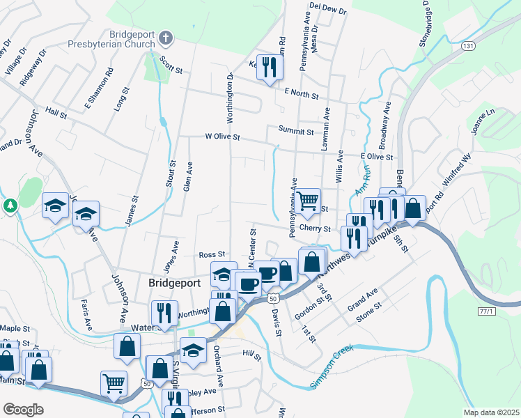 map of restaurants, bars, coffee shops, grocery stores, and more near 100-198 W Smith St in Bridgeport