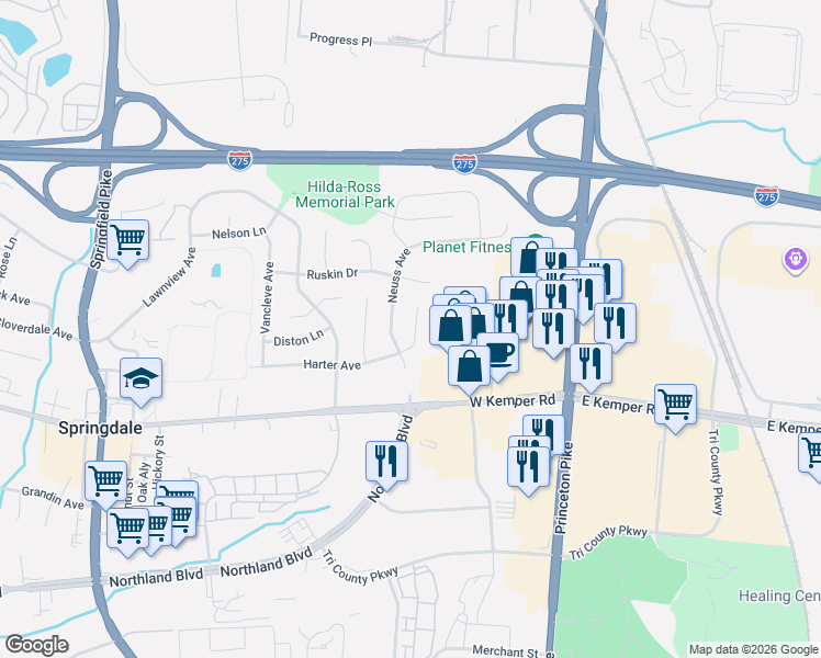 map of restaurants, bars, coffee shops, grocery stores, and more near 115 Harter Avenue in Cincinnati