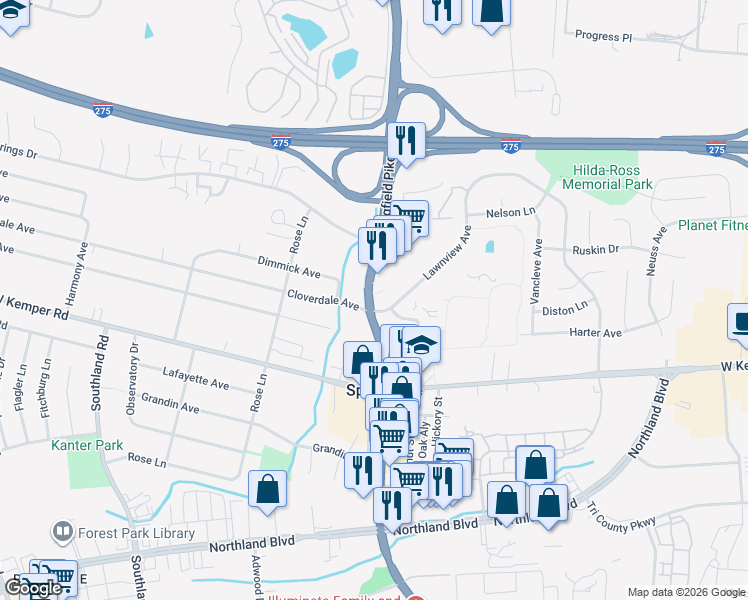 map of restaurants, bars, coffee shops, grocery stores, and more near 11685 Springfield Pike in Cincinnati