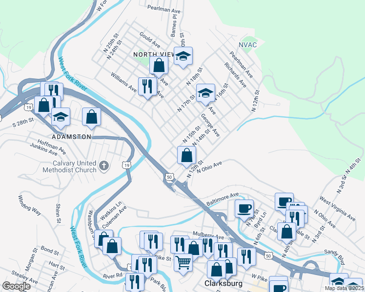 map of restaurants, bars, coffee shops, grocery stores, and more near 1015 N 14th St in Clarksburg
