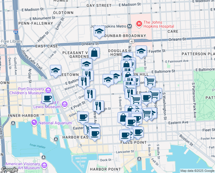 map of restaurants, bars, coffee shops, grocery stores, and more near 100 South Caroline Street in Baltimore