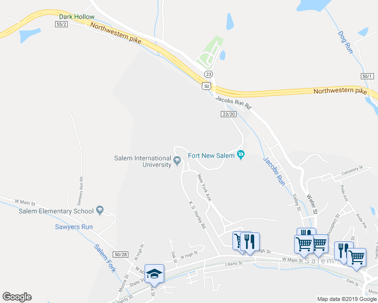 map of restaurants, bars, coffee shops, grocery stores, and more near County Route 23/20 in Salem