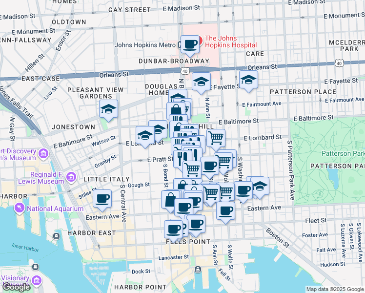 map of restaurants, bars, coffee shops, grocery stores, and more near 110 South Broadway in Baltimore