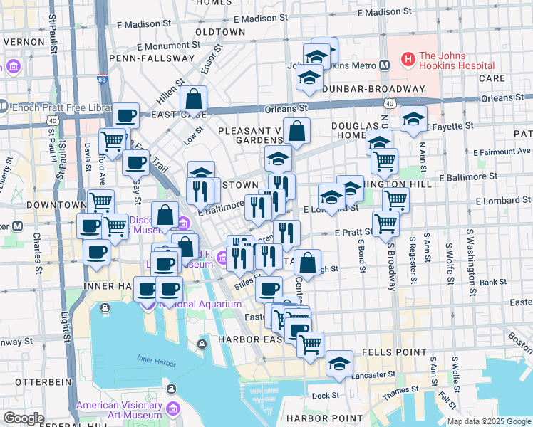 map of restaurants, bars, coffee shops, grocery stores, and more near 27 Lloyd Street in Baltimore