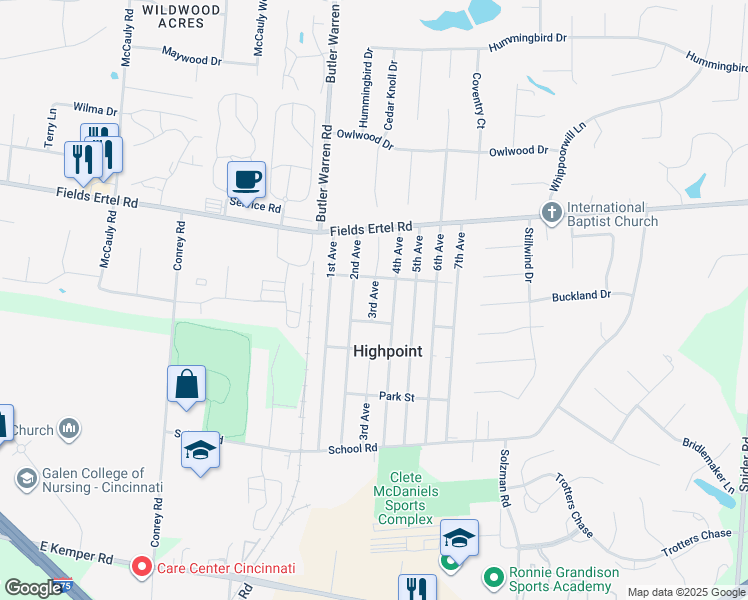 map of restaurants, bars, coffee shops, grocery stores, and more near 12090 3rd Avenue in Cincinnati