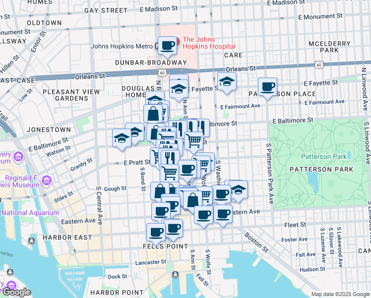 map of restaurants, bars, coffee shops, grocery stores, and more near 136 South Ann Street in Baltimore