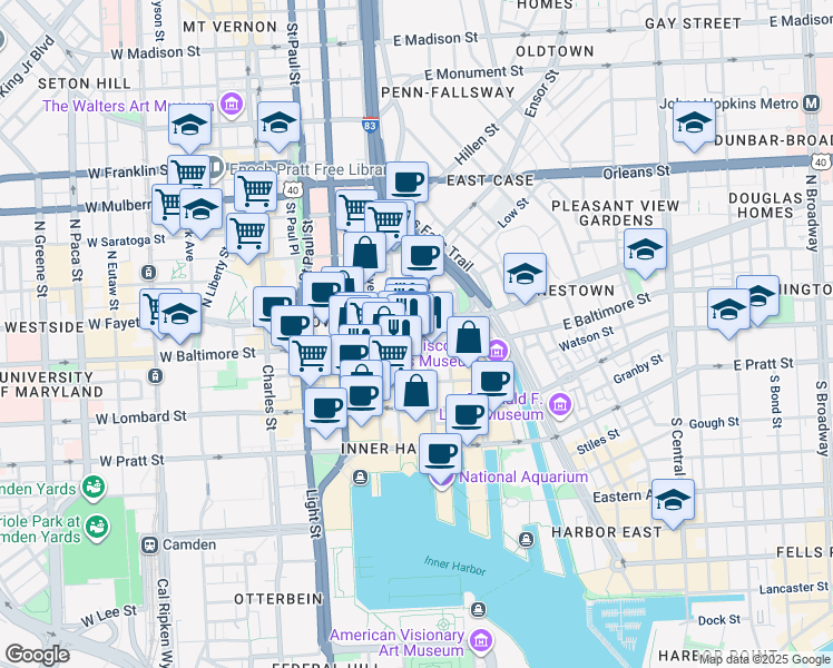 map of restaurants, bars, coffee shops, grocery stores, and more near 417 East Fayette Street in Baltimore