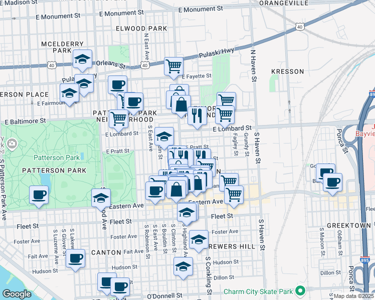 map of restaurants, bars, coffee shops, grocery stores, and more near 3403 East Pratt Street in Baltimore
