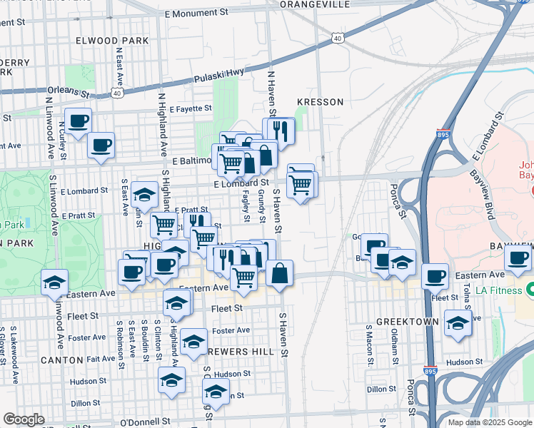 map of restaurants, bars, coffee shops, grocery stores, and more near 215 Grundy Street in Baltimore