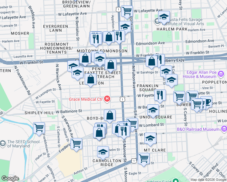 map of restaurants, bars, coffee shops, grocery stores, and more near 1942 Vine Street in Baltimore