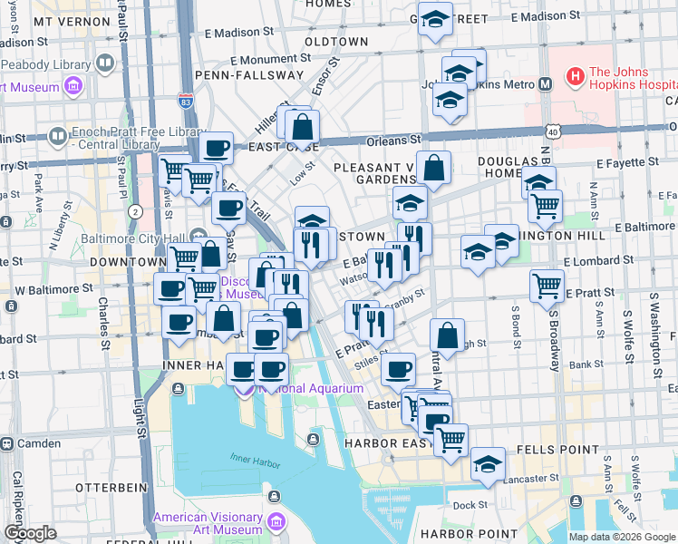 map of restaurants, bars, coffee shops, grocery stores, and more near 1 South High Street in Baltimore