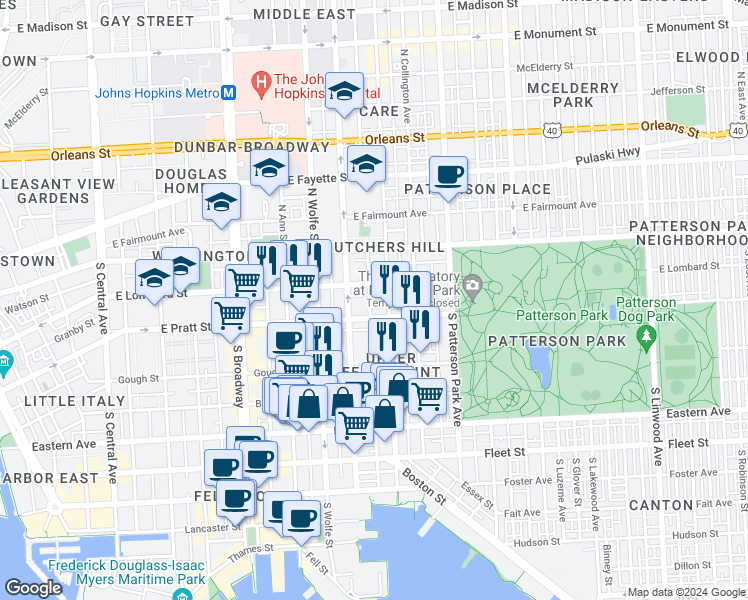 map of restaurants, bars, coffee shops, grocery stores, and more near 117 South Castle Street in Baltimore