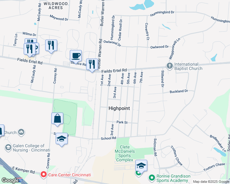 map of restaurants, bars, coffee shops, grocery stores, and more near 12090 3rd Avenue in Cincinnati