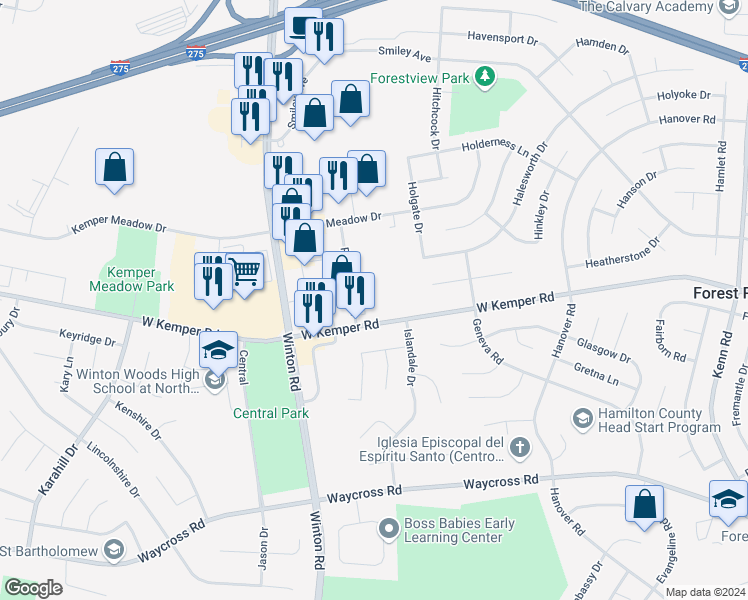 map of restaurants, bars, coffee shops, grocery stores, and more near 1077 West Kemper Road in Cincinnati