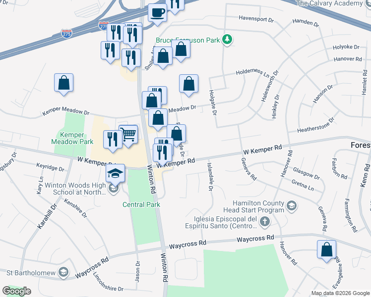 map of restaurants, bars, coffee shops, grocery stores, and more near 1095 Parkridge Court in Cincinnati