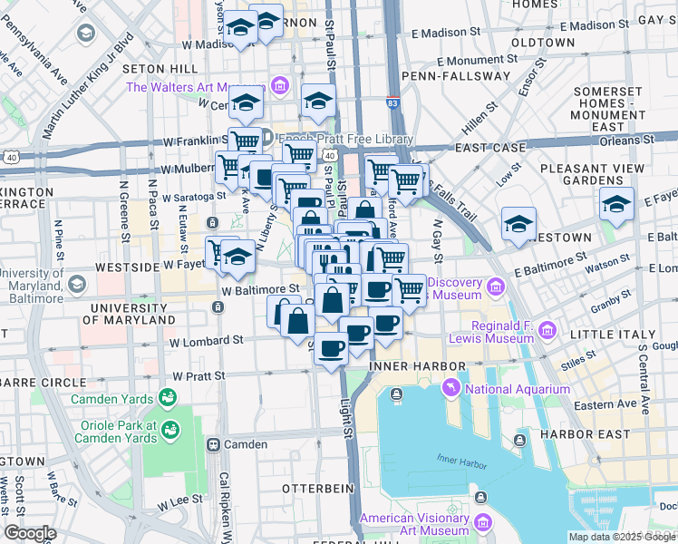 map of restaurants, bars, coffee shops, grocery stores, and more near 7 Saint Paul Street in Baltimore