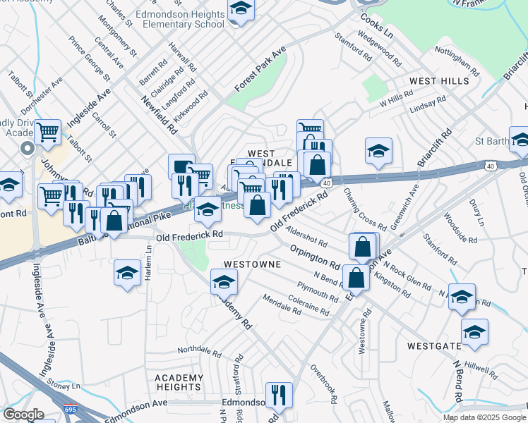 map of restaurants, bars, coffee shops, grocery stores, and more near 5401 Baltimore National Pike in Baltimore